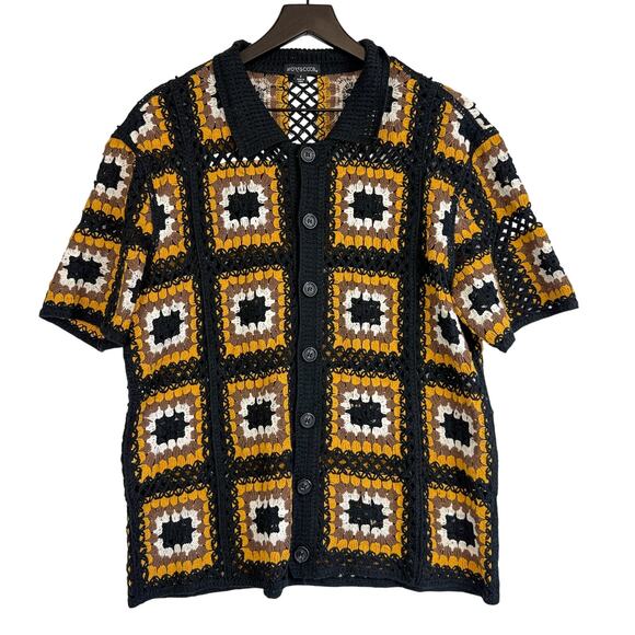 Morsecode Mens Crochet Blanket Knit Button Front Shirt Black Yellow - S - Picture 1 of 8